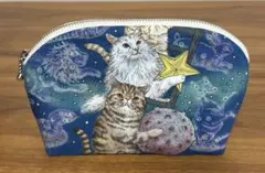 ハンドメイド フラットポーチ 月あかりの猫～おとぎの国の猫と仲間たち
