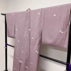 小紋　洗える着物　ポリエステル　扇　鹿の子模様　縦縞　着物　055t