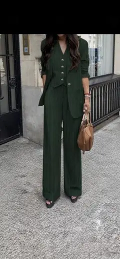 SHEIN セットアップ ダークグリーン ストライプ XL