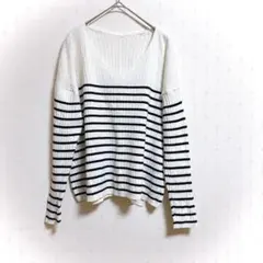 COLZA ボーダー リブニット Vネック 長袖 白黒 伸縮性 春秋 美品