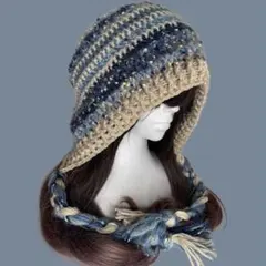 バラクラバ ブルーアイボリー y2k一部モヘア調ハンドメイド編み物帽子個性派