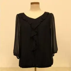 胸元フリル七分袖シフォンプルオーバー