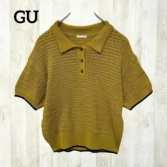 GU 半袖ニット M 黄色 マスタード ポロシャツスタイル 透かし編み 透け感