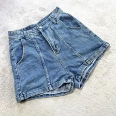 【キャンディージーンズ】（M）ハイウエストショートデニムパンツ ブルー