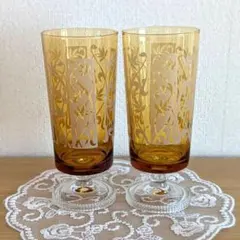 アデリア　脚付きグラス　「草花」　2個セット　　昭和レトロ　レトログラス