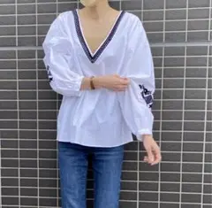 ZARA BASIC ホワイト Vネックバルーンスリーブブラウス