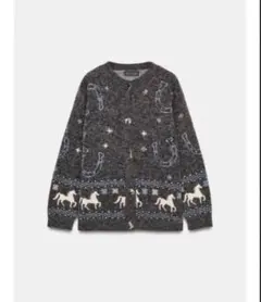 ZARA 新作　ジャカードニットボタンカーディガン　馬柄ニット