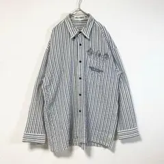 柄シャツ　キャラクター　L　長袖　総柄　古着　ストライプ　黒　ロング丈　ゆるダボ