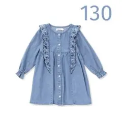 〈SLAP SLIP〉リボン刺しゅうスカラップ肩フリルデニムワンピース 130