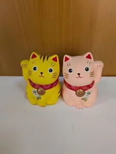 289 薬師窯　招き猫　福　トラ猫　ピンク　縁起物　2匹セット