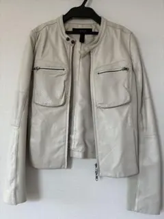 アイボリー レザー 異素材　シングルライダースジャケット　羊革
