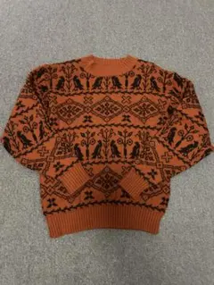 USA古着　90S　ヴィンテージ　ニット　総柄　オレンジ　厚手