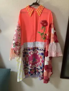 オレンジ　花柄刺繍 ワンピース　リメイク
