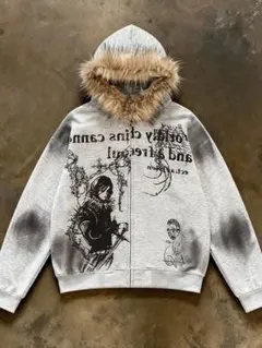 【L】Y2Kファー付きグレーグラフィックパーカー　archive opium