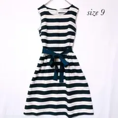 ノースリーブ ボーダー柄 ワンピース ドレス ウエストリボン付きa0541
