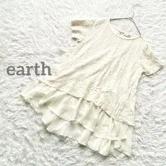 アース　半袖レース切替トップス　フリル　シフォン　花柄レース　白　フェミニン