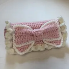 りぼんペンケース 編み物 フリル ベビーピンク×ホワイト ハンドメイド
