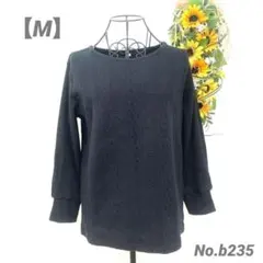 長袖トップス　カットソー　M レディース　黒　異素材　リブ　ケーブルニット編み風
