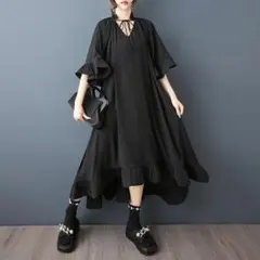 新品 大きいサイズ 春秋 長袖 ゆったりワンピース 黒 体型カバー