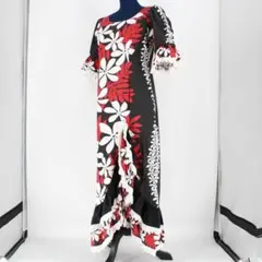 【フラダンス衣装】ブラック ワンピース ドレス ティアレ柄 黒 赤 白 ホワイト