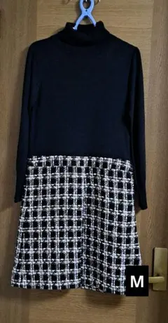 ブラックホワイトチェック柄長袖ワンピース M