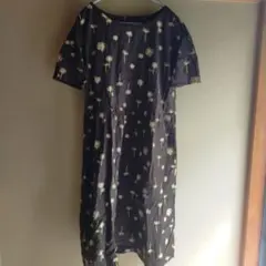 タンポポ柄 半袖 ロングワンピース ブラウン