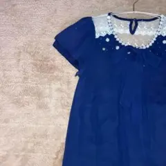 シーディーエスベーシック　レース襟　花刺繍　リボン　半袖ブラウス M 紺のサムネイル