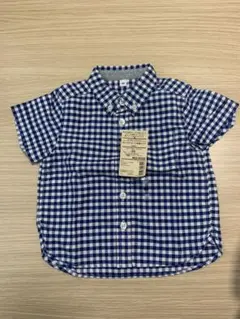 無印良品　チェック　シャツ　前開き　半袖（紺色）　80-90