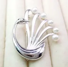 美品✨照りツヤ_白鳥モチーフパールブローチSILVER刻印、真珠5粒_203