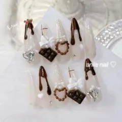 現品ネイルチップ 量産型 スナ系 バレンタイン ガーリー チョコ チェック 地雷