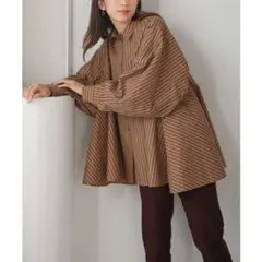 ブージュルード【M】変形シャツ　キャメル　ストライプ　ゆったり　カジュアル着回し
