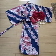 花柄ネイビー浴衣150cmとリボンセット