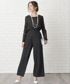 フォーマル　セットアップ　ワイドパンツドレス　ウエストリボン付き　レース袖