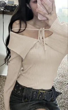 GRL ビッグカラーオフショルダーリボンニットトップス［th029］アイボリー