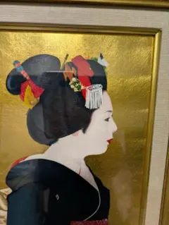 艶やかな舞妓 美人画 金箔調 日本画 松井敏郎 額装 和モダン 京都 花街　絵画 艶やかな舞妓 美人画 金箔調 日本画 松井敏郎 額装 和モダン 京都 花街