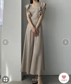 Louere ルエレ リネン混バックリボンフリルワンピース グレイッシュベージュ