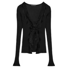 ZARA リブトップス　レース　カーディガン　黒　ブラック