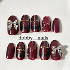 ボルドー チェック柄 ネイルチップ