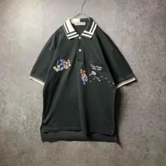 VINTAGE 半袖ポロシャツ　黒　刺繍　アニマルキャラ　襟　切り替えのサムネイル
