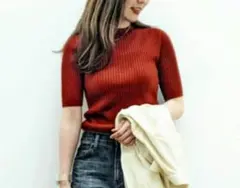 再値下　UNIQLO 半袖 リブニット クルーネック　ダークオレンジ　ウール