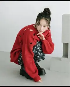 ココディール スリット柄 オーバーサイズニット COCO DEAL レッド