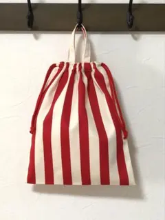 B18・M25×30㎝ハンドメイドお着替え袋・体操着袋★ストライプ ・アカ