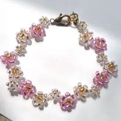 ハンドメイド フラワービーズブレスレット ピンク 推しカラー 推し活