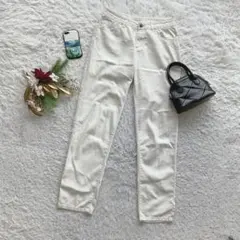 グローバルワーク テーパードパンツ ストレッチ M シンプル 白 オフィス 仕事