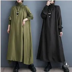 大きいサイズ ハイネック 秋冬 ワンピース 長袖カーキ5 ロング 新品 新品 春