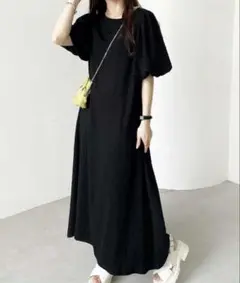 ブラック 半袖 ロングワンピース M GeeRA パフスリーブのサムネイル