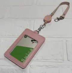 新品　ピンク　リールストラップ付き パスケース　定期入れ　カードホルダー
