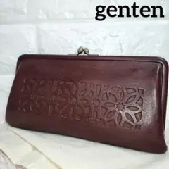 美品 genten ゲンテン カットワーク がま口長財布 ブラウン 財布