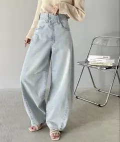 コットン100%アシメウエストカーブデニムパンツ