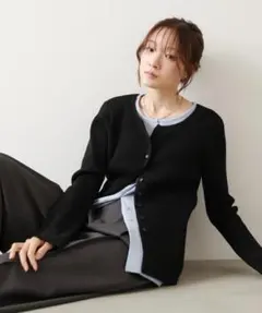 即購入可　ブラックXブルー 配色レイヤードニットカーディガン